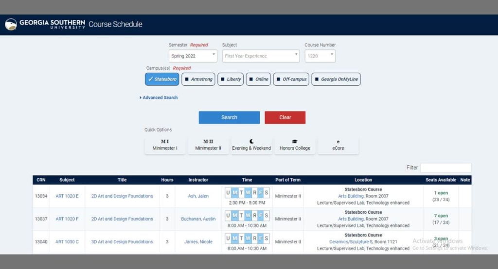 Georgia Southern Course Search log in